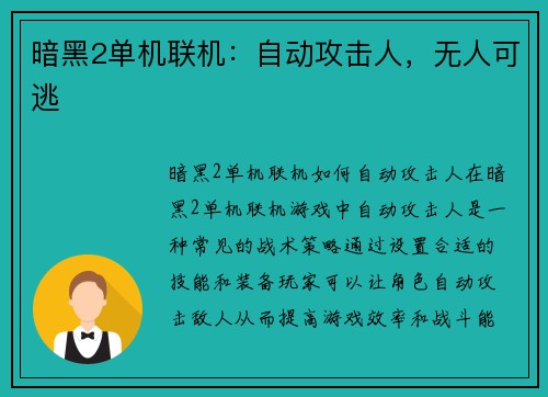 暗黑2单机联机：自动攻击人，无人可逃